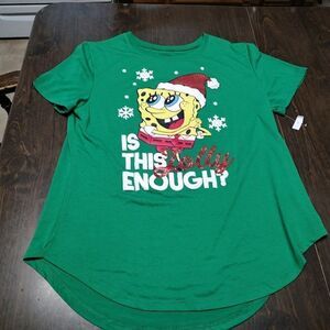 New Nickelodeon Green Sponge Bob Is This Jolly Enough Shirt Size Junior XL 15/17